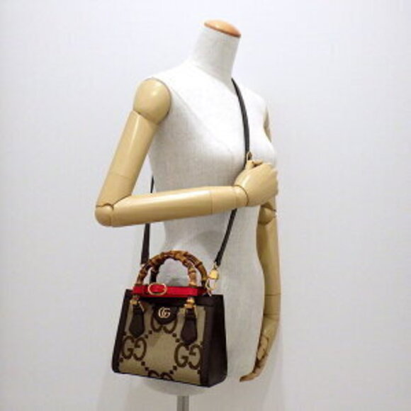 Gucci Diana Shoulder Bag Camel Brown Ebony Jumbo GG Canvas Leather - Picture 10 of 10